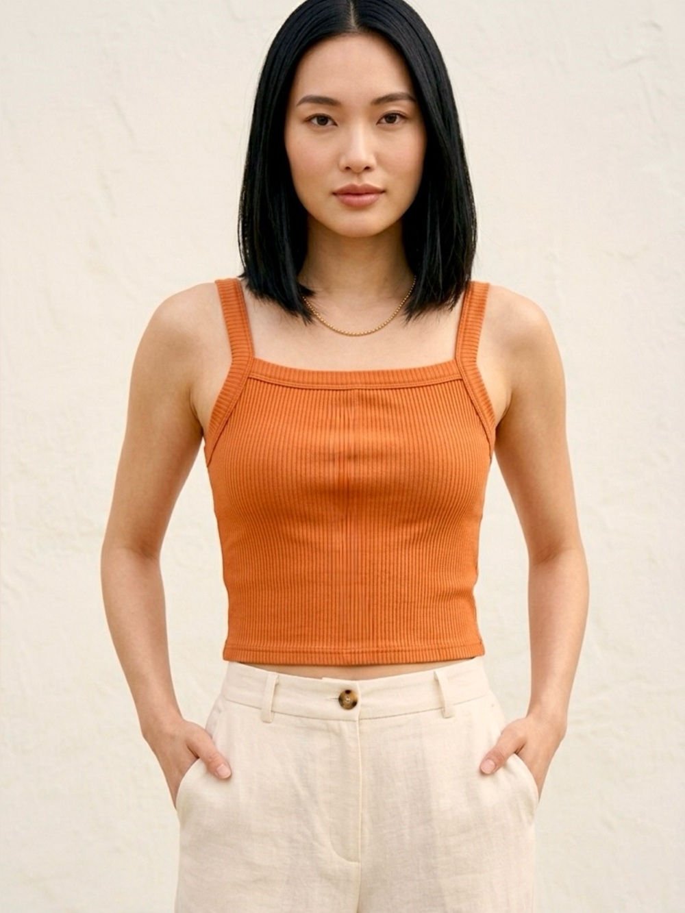 Orange Ribbed Tank Top Square Neckline size S/M stretchy by Gypsy + Jade